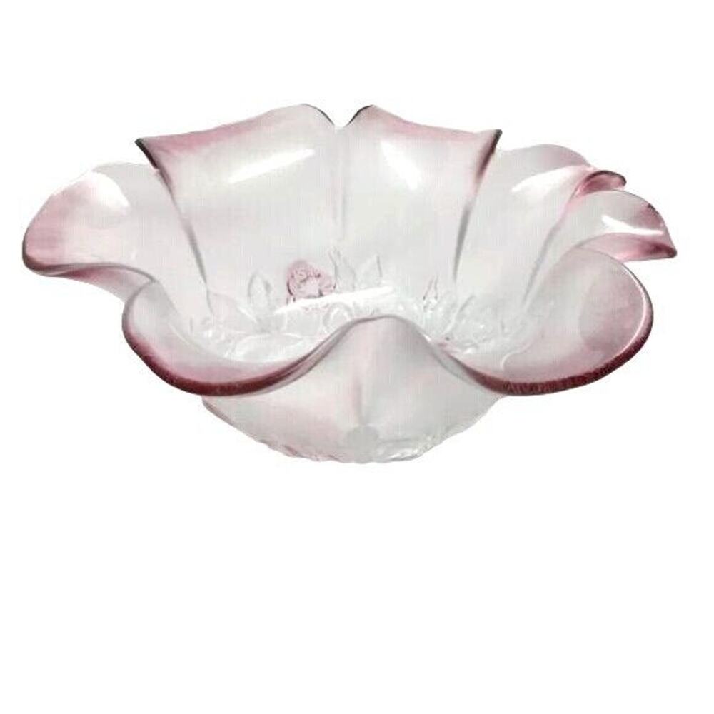 Vintage Walther Glass 1970s Mikasa Rosella Flower Bowl Crystal Pink Center Piece